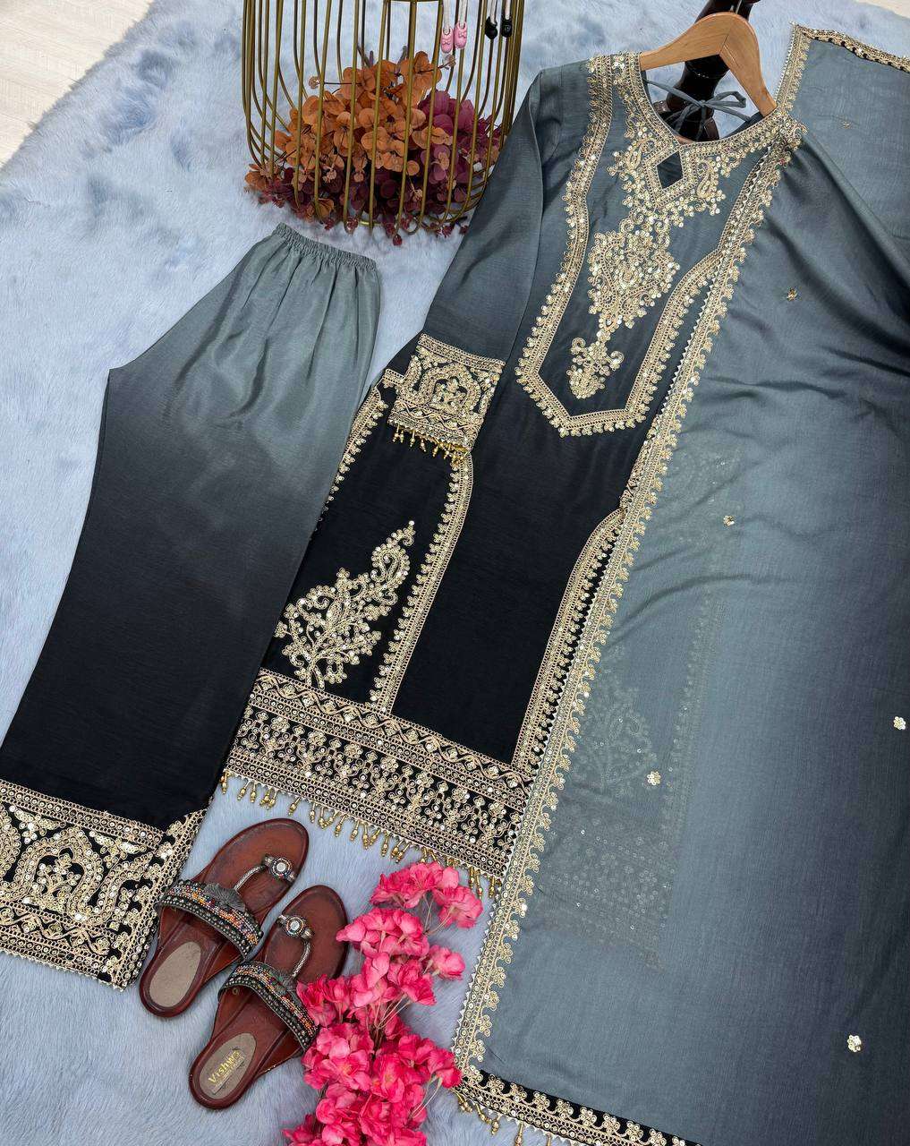 Women's Chinon Silk Embroidery Straight Pakistani Salwar Suit and Dupatta - Image 11
