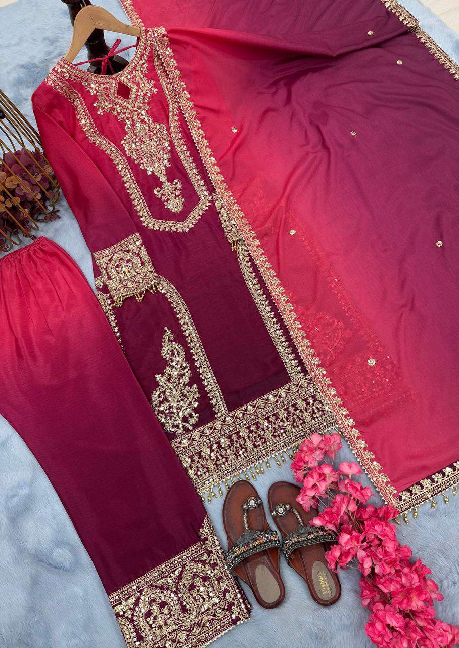 Women's Chinon Silk Embroidery Straight Pakistani Salwar Suit and Dupatta - Image 18