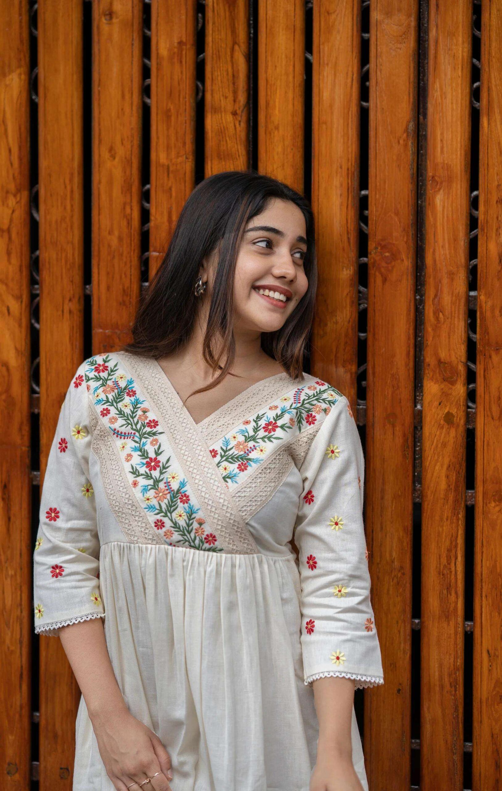 Women's Cotton Embroidered Short Anarkali Gown (Off White) - Image 3