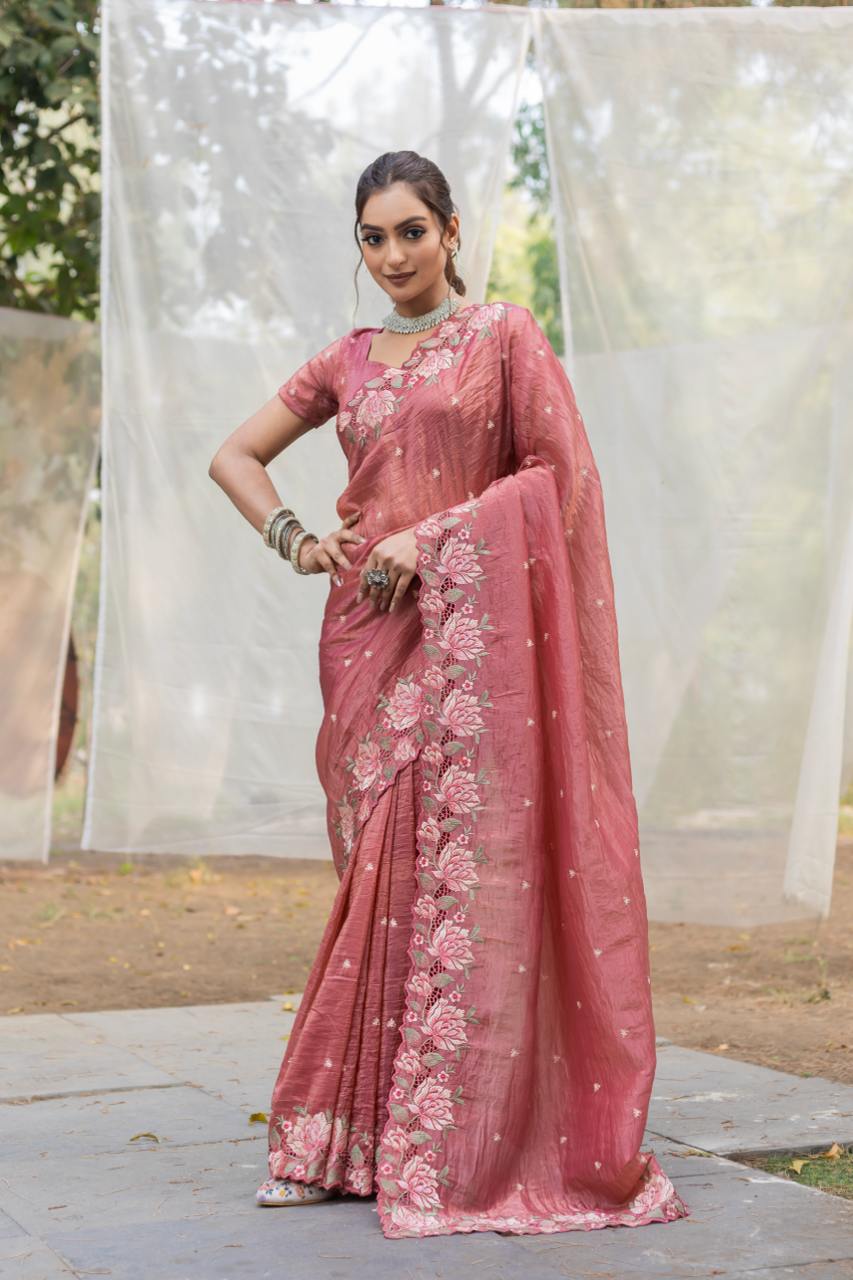 Women's Pristine White Organza Saree with Exquisite Pink & Green Floral Thread Embroidery – Complete with Matching Embroidered Blouse for Festive & Summer Wear - Image 13